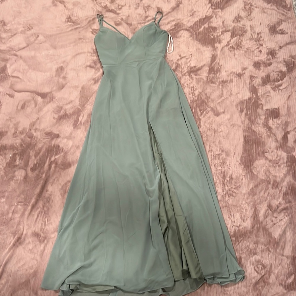 Sage bridesmaids dress with slit